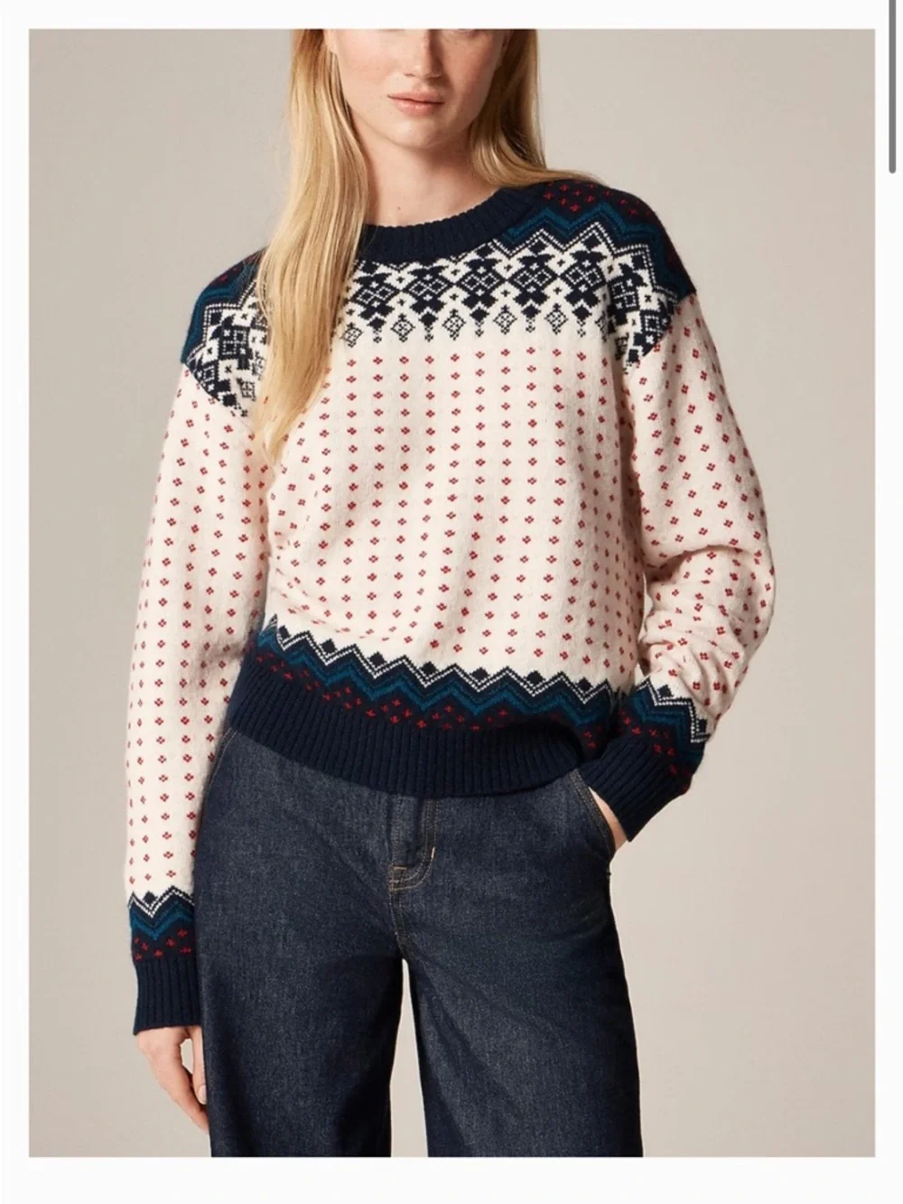 J.Crew Fair Isle Lambswool Nordic Sweater Cream Navy Red Size Small